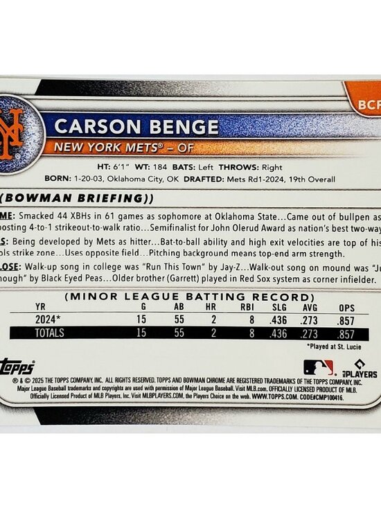 CARSON BENGE ROOKIE "REPTILLIAN" REFRACTOR 2025 BOWMAN CHROME #BCP-108, METS - Picture 2 of 3